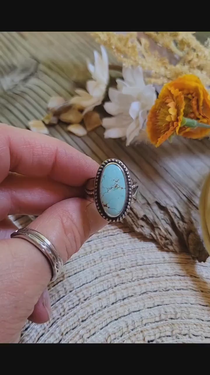 Turquoise Ring - sterling silver, blue, Golden Hills, handmade, 100% fabricated by hand, vine ring shank, leaves, beautiful gift, Size 7 USA