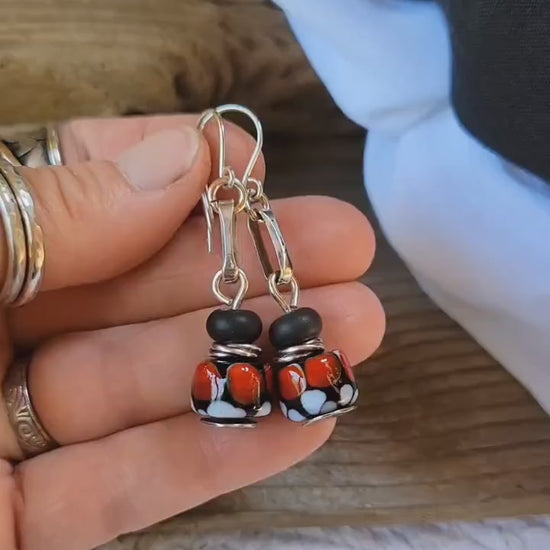 Lady Bug Artisan Glass earrings - handmade glass beads, handformed sterling silver, red, black, white dangle, beautiful gift