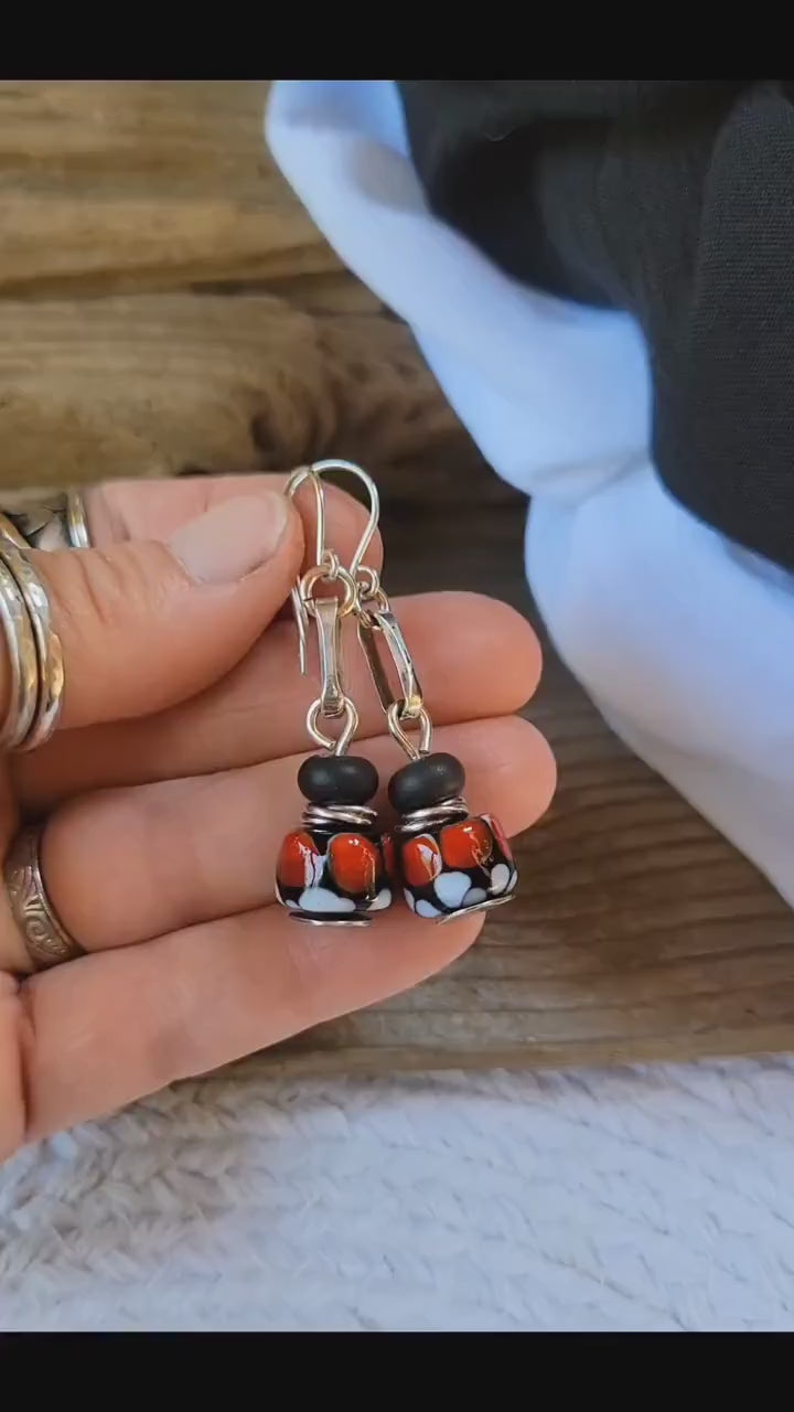 Lady Bug Artisan Glass earrings - handmade glass beads, handformed sterling silver, red, black, white dangle, beautiful gift