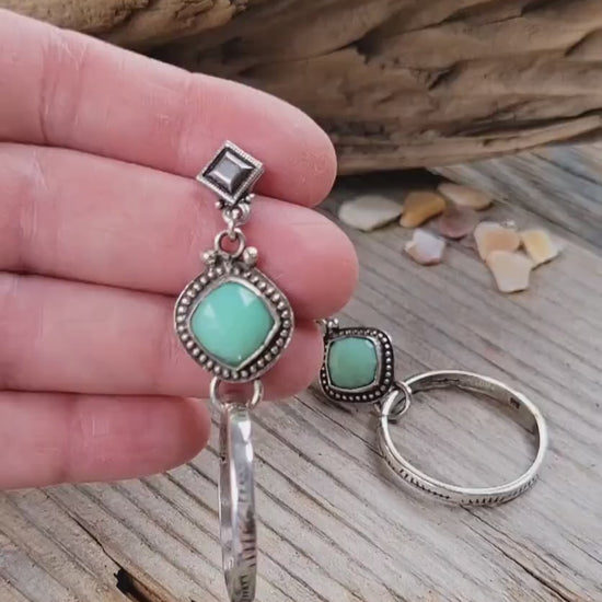 Teal Chrysoprase Silver Hoop Earrings - handmade, natural gemstones, seafoam, lime, hand cut, hand stamped hoops, post, lightweight, gift