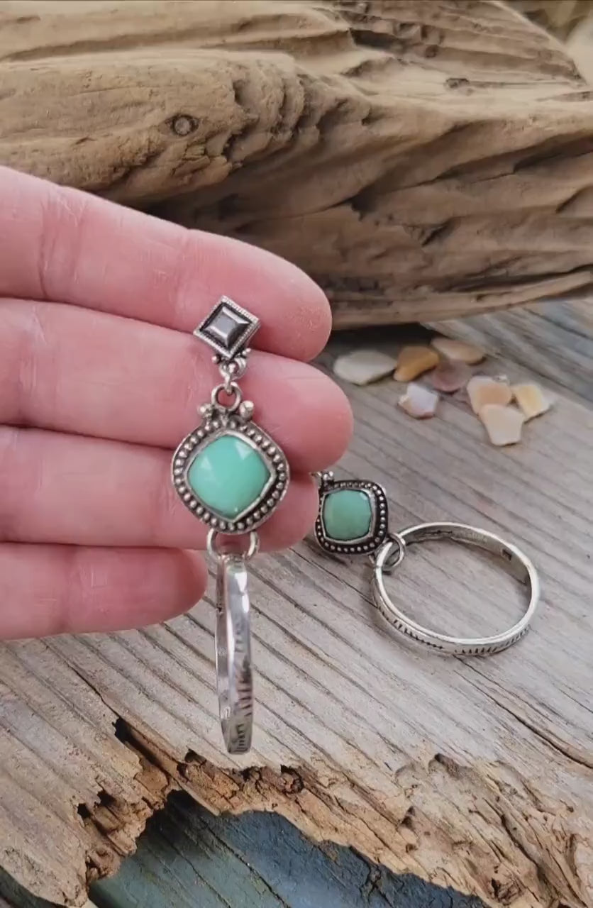 Teal Chrysoprase Silver Hoop Earrings - handmade, natural gemstones, seafoam, lime, hand cut, hand stamped hoops, post, lightweight, gift