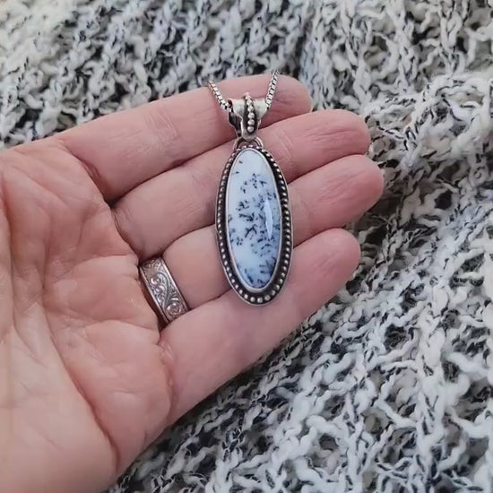 Dendritic Agate Sterling Silver Pendant Necklace - handmade, scenic stone, snow, winter, gray, white, modern but classic, beautiful gift