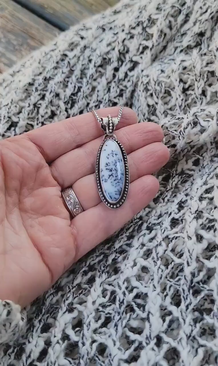 Dendritic Agate Sterling Silver Pendant Necklace - handmade, scenic stone, snow, winter, gray, white, modern but classic, beautiful gift