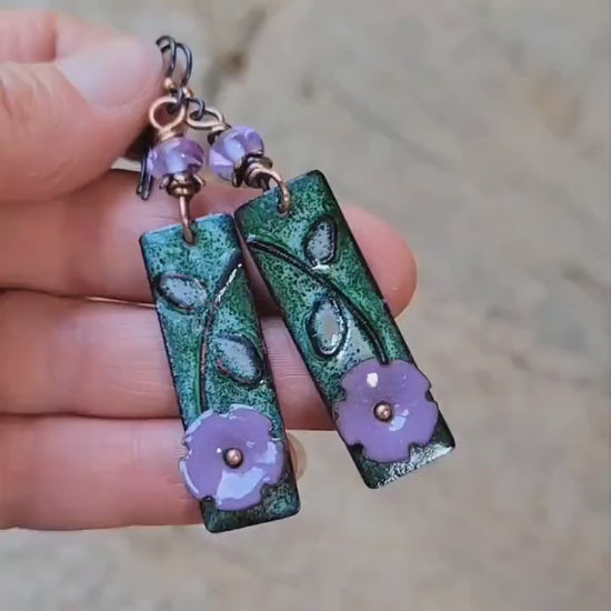 Purple Flower Torch Enamel Earrings - handmade, lavender petals, green, copper, artisan lampwork glass beads, lightweight, beautiful gift
