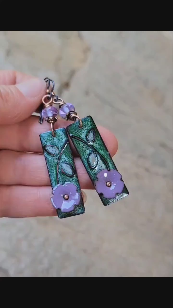 Purple Flower Torch Enamel Earrings - handmade, lavender petals, green, copper, artisan lampwork glass beads, lightweight, beautiful gift